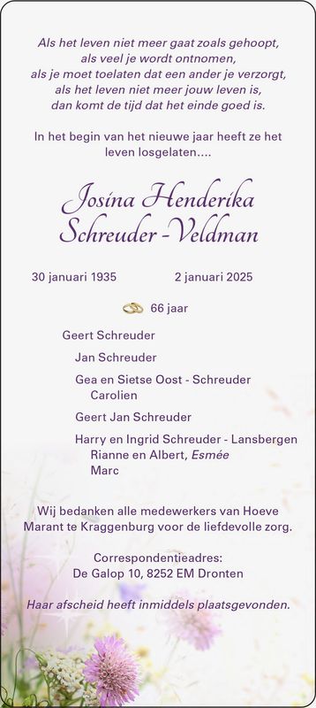 2 januari 2025; In memoriam Josina Schreuder-Veldman